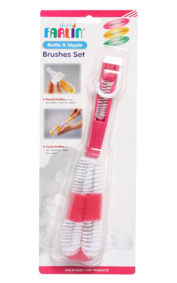 Farlin 2-in-1 Bottle and Nipple Brush, Pink-0