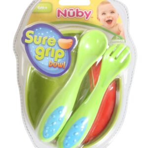 Nuby Weaning Set Pack of 3 Sure Grip Bowl With Spoon and Fork - Multicolor-2643