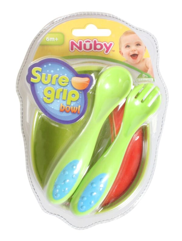 Nuby Weaning Set Pack of 3 Sure Grip Bowl With Spoon and Fork - Multicolor-2643