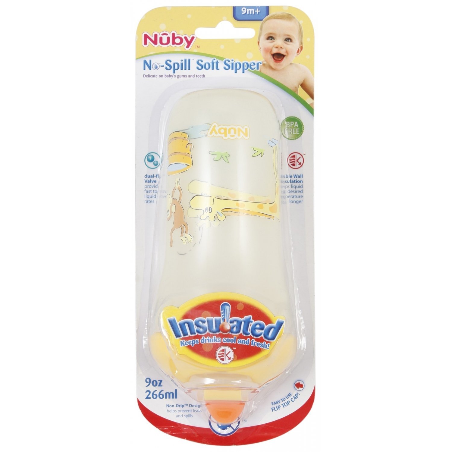 nuby no-spill insulated cool sipper, 9 ounce, colors may vary