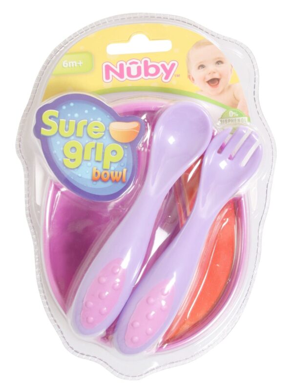 Nuby Weaning Set Pack of 3 Sure Grip Bowl With Spoon and Fork - Multicolor-2642