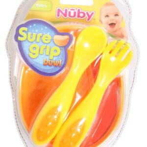 Nuby Weaning Set Pack of 3 Sure Grip Bowl With Spoon and Fork - Multicolor-0