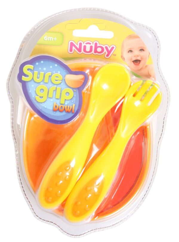 Nuby Weaning Set Pack of 3 Sure Grip Bowl With Spoon and Fork - Multicolor-0