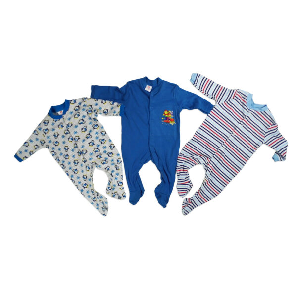 Full Sleeves Footed Rompers, Onesies Set Of 3 - Blue & White-0