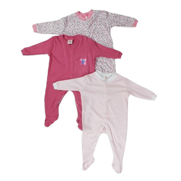 Mini Berry Full Sleeves Footed Romper Set of 3 - Pink & White-0