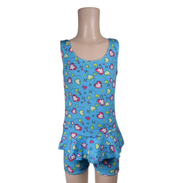 Heart Print Ruffled Style Girls Swimsuit - Sky Blue-0