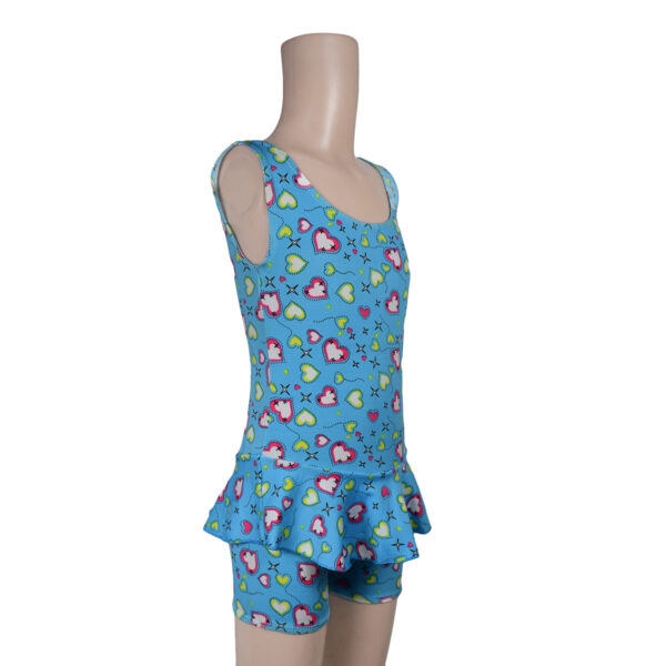 Heart Print Ruffled Style Girls Swimsuit - Sky Blue-9931