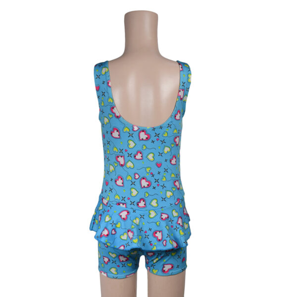 Heart Print Ruffled Style Girls Swimsuit - Sky Blue-9928