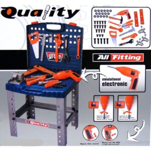 69 Piece Toy Tool Kit Play Set Portable Folding Work Bench Workshop with Drill-0