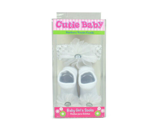 Baby Girls Socks with Hair Band - White-12890