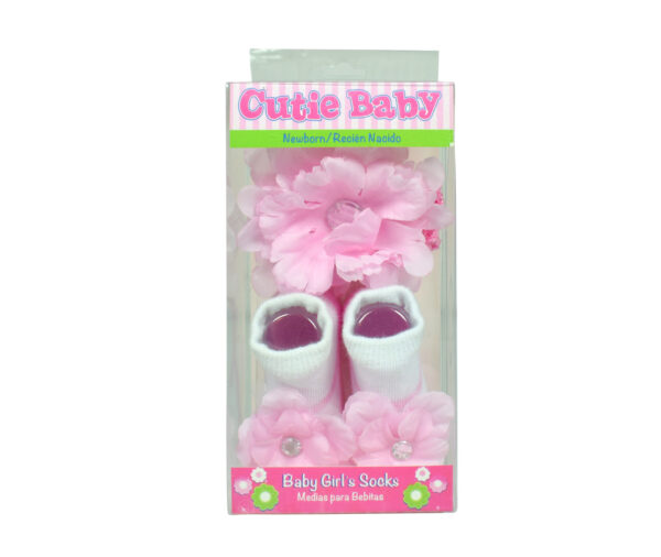 Baby Girls Socks with Hair Band - White/Pink-12899