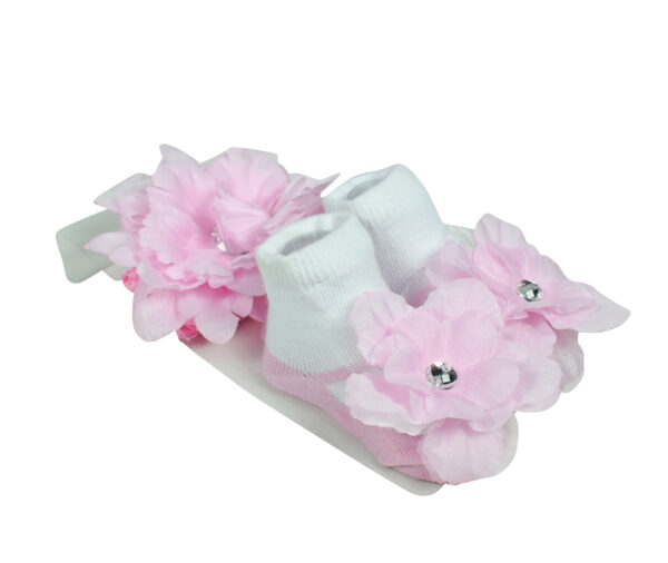 Baby Girls Socks with Hair Band - White/Pink-0