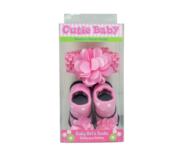 Baby Girls Socks with Hair Band - Pink/Black-12911