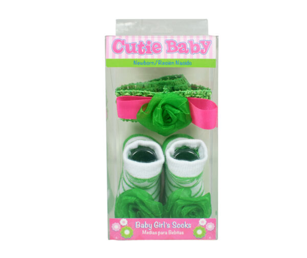 Baby Girls Socks with Hair Band - Green/White-12937