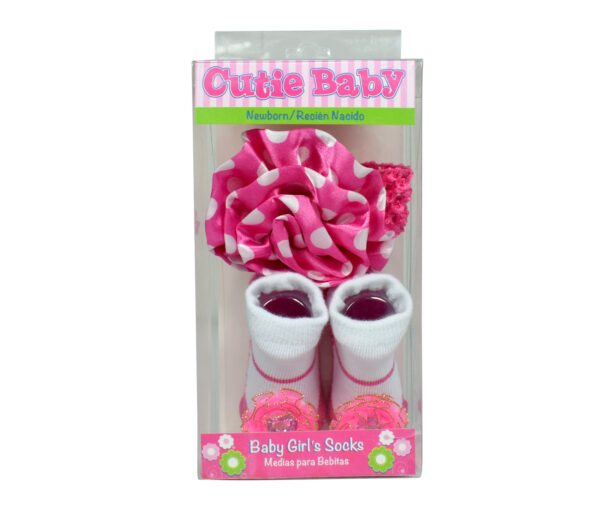 Baby Girls Socks with Hair Band - Pink/White-12954