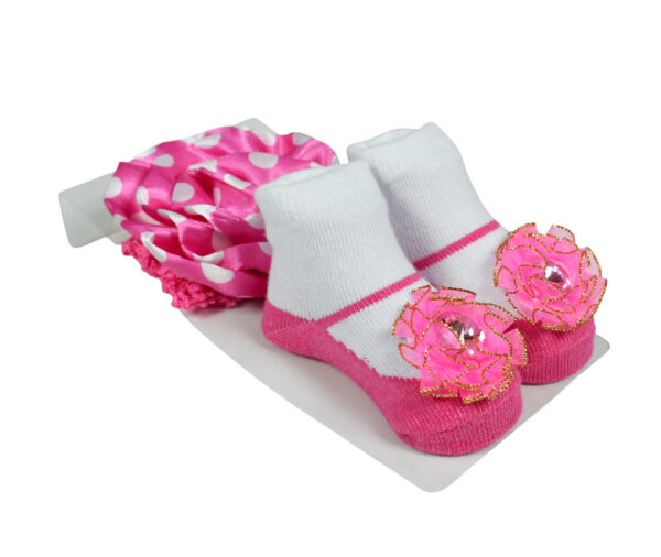 Baby Girls Socks with Hair Band - Pink/White-0