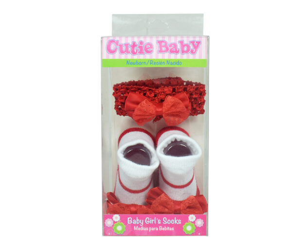 Baby Girls Socks with Hair Band - Red/White-12962