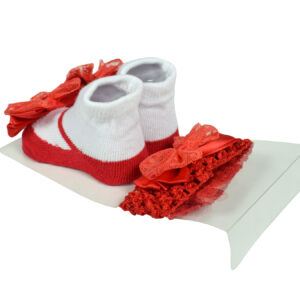 Baby Girls Socks with Hair Band - Red/White-12963