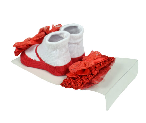 Baby Girls Socks with Hair Band - Red/White-12963