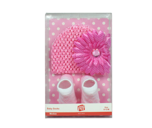 Baby Socks with Crochet Cap - Pink/White-12975