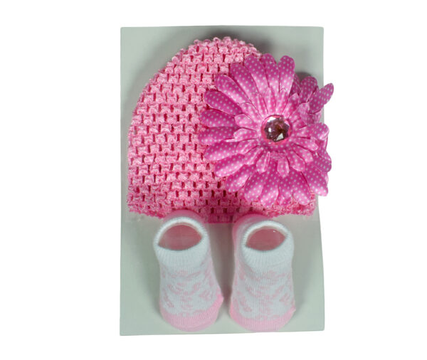 Baby Socks with Crochet Cap - Pink/White-0