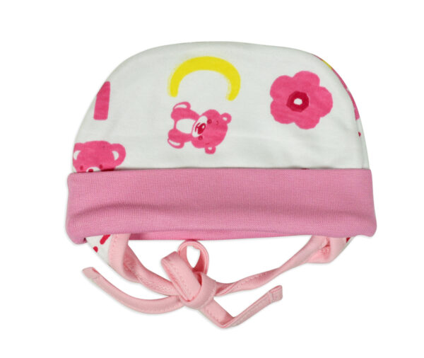 Ear Cover Tie Knot Cap Teddy Print - Pink/White-0