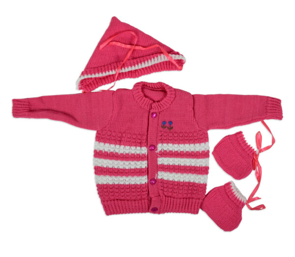 New Born Knitted Sweater With Cap & Booties - Magenta-0