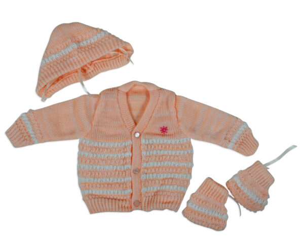 New Born Knitted Sweater With Cap & Booties - Orange-0