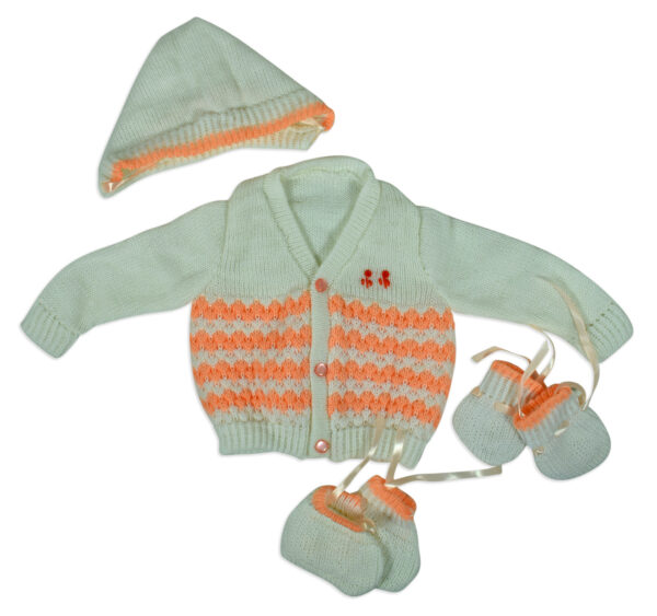 New Born Knitted Sweater With Cap, Mittens & Booties - White/Orange-0