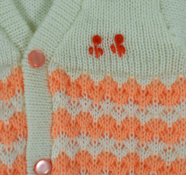 New Born Knitted Sweater With Cap, Mittens & Booties - White/Orange-16152