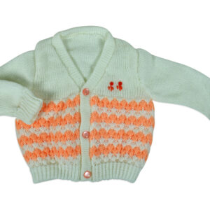 New Born Knitted Sweater With Cap, Mittens & Booties - White/Orange-16150