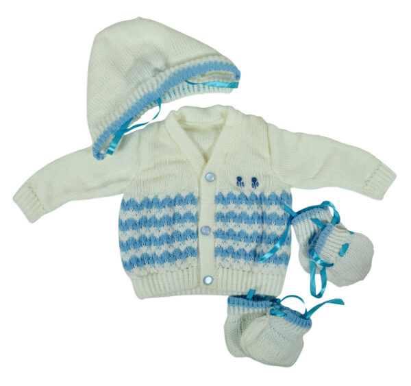 New Born Knitted Sweater With Cap, Mittens & Booties - White/Blue-0