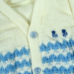 New Born Knitted Sweater With Cap, Mittens & Booties - White/Blue-16159