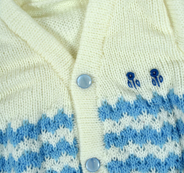 New Born Knitted Sweater With Cap, Mittens & Booties - White/Blue-16159