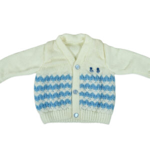 New Born Knitted Sweater With Cap, Mittens & Booties - White/Blue-16160