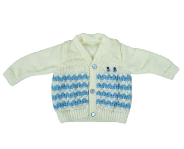 New Born Knitted Sweater With Cap, Mittens & Booties - White/Blue-16160