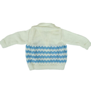 New Born Knitted Sweater With Cap, Mittens & Booties - White/Blue-16158