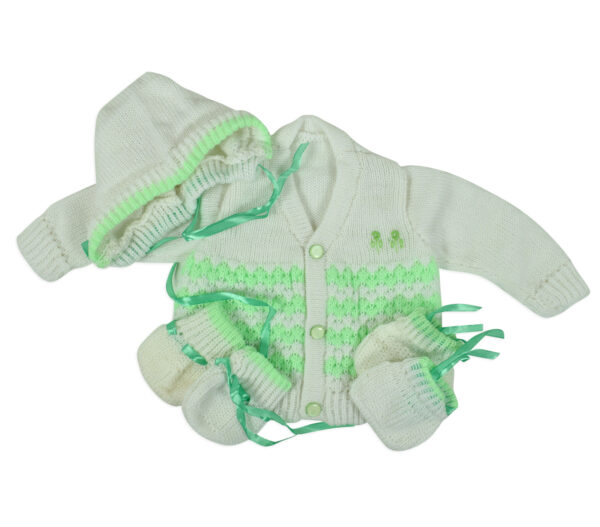 New Born Knitted Sweater With Cap, Mittens & Booties - White/Green-0