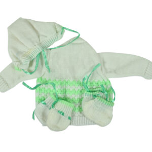 New Born Knitted Sweater With Cap, Mittens & Booties - White/Green-16165