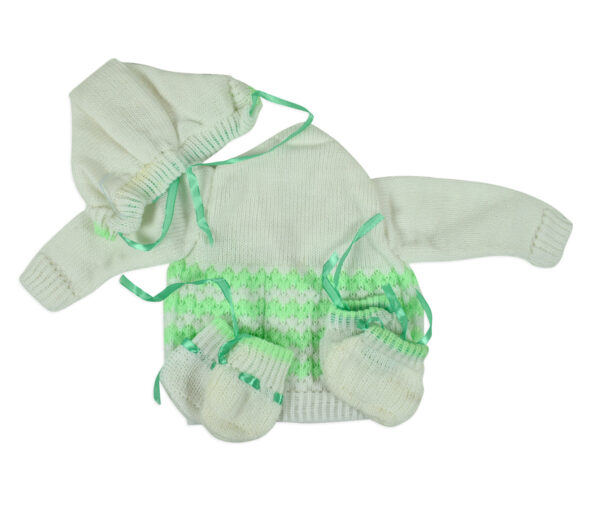 New Born Knitted Sweater With Cap, Mittens & Booties - White/Green-16165