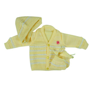 New Born Knitted Sweater With Cap & Booties - Yellow-0