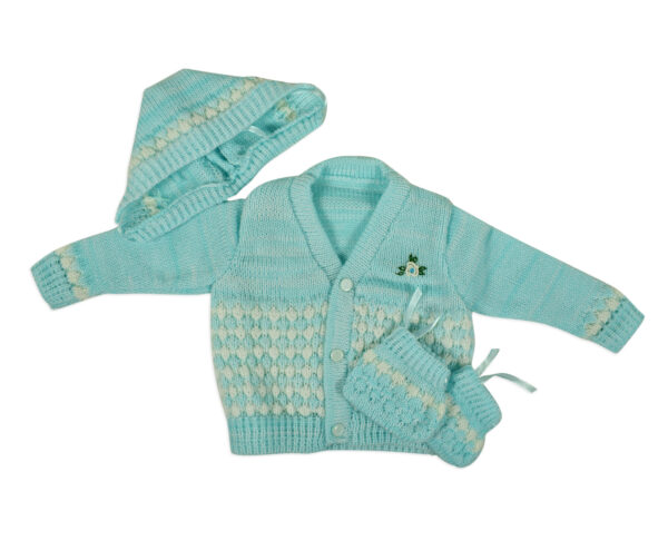 New Born Knitted Sweater With Cap & Booties - Sky Blue-0