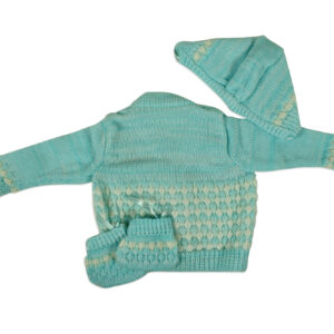 New Born Knitted Sweater With Cap & Booties - Sky Blue-16182