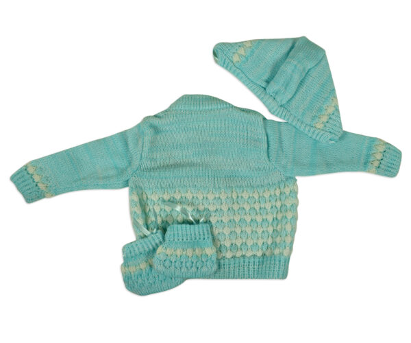 New Born Knitted Sweater With Cap & Booties - Sky Blue-16182