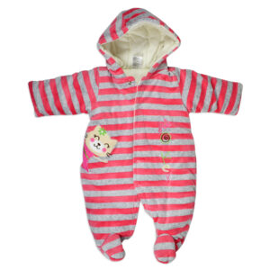 Baby Quilted Hooded Romper For Winter - Pink/Grey-0