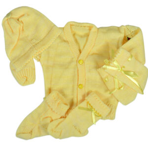 New Born Knitted Sweater With Cap, Mittens & Long Booties - Yellow-0
