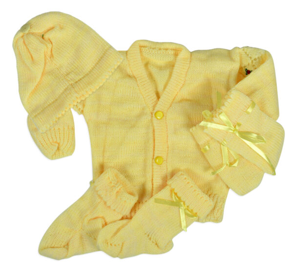 New Born Knitted Sweater With Cap, Mittens & Long Booties - Yellow-0