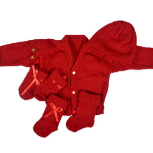 New Born Knitted Sweater With Cap, Mittens & Long Booties - Red-0