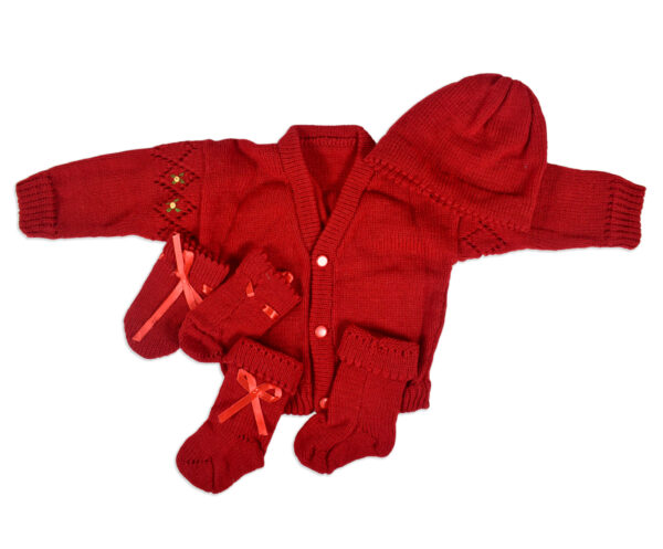 New Born Knitted Sweater With Cap, Mittens & Long Booties - Red-0