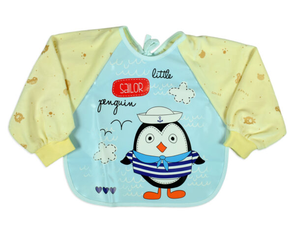 Full Sleeve Baby Plastic Bib (LIttle Penguin) - Blue/Yellow-0